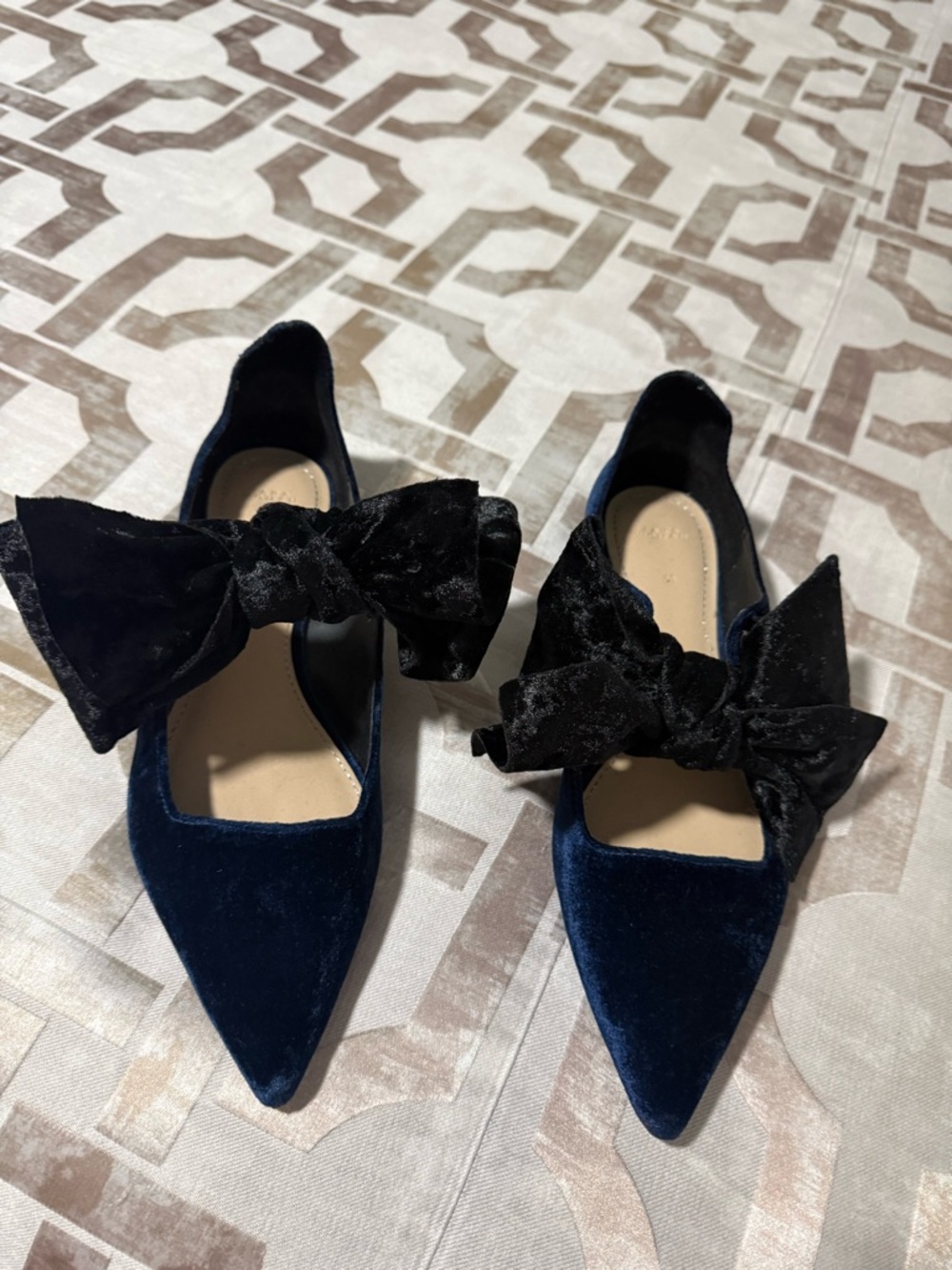 Zara Navy Velvet Pointed Flats with Black Bow